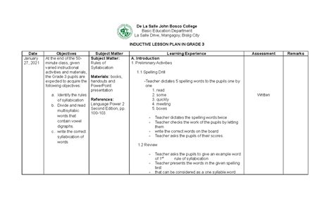 Inductive Lp Syllabication Rules De La Salle John Bosco College Basic Education Department La