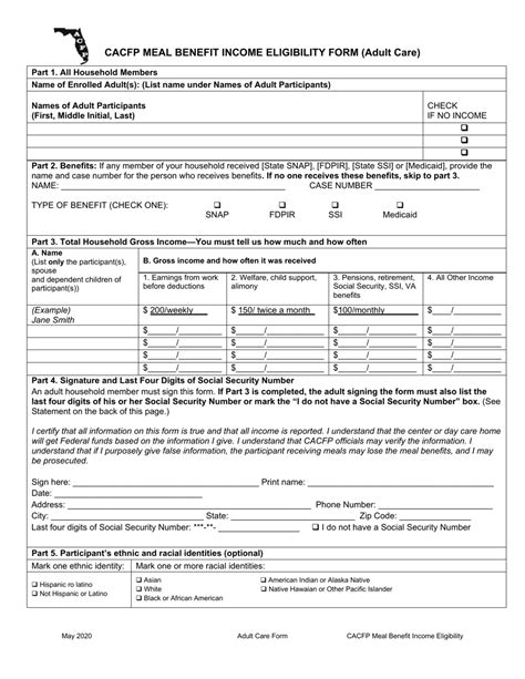 Florida CACFP Meal Benefit Income Eligibility Form Adult Care