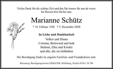 Traueranzeigen von Marianne Schütz trauer anzeigen de