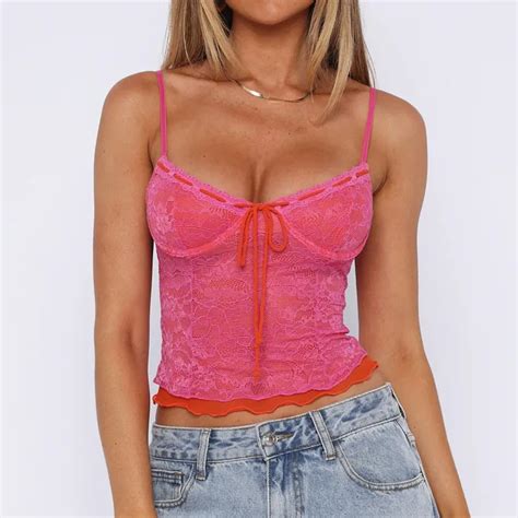 Hirigin Women Sexy Lace Cami Crop Top Y2k Spaghetti Strap Sheer Mesh