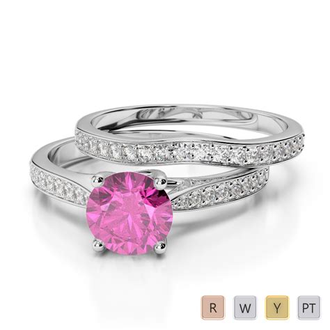 Gold Platinum Round Cut Pink Sapphire And Diamond Bridal Set Ring