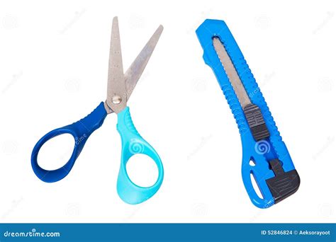 Scissors And Paper Cutter Knife Isolated Stock Photo Image Of Blue