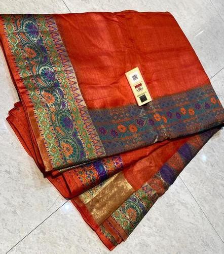 Pure Tussar Silk Saree With Heavy Zari Borders Butta Weaving Contrast