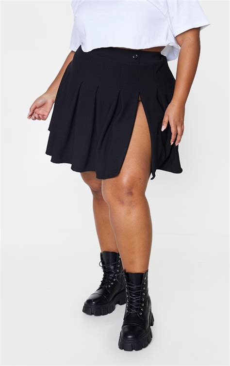 Plus Black Pleated Side Split Tennis Skirt Prettylittlething Usa