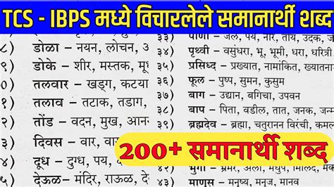 200 दरवर्षी विचारण्यात आलेले समानार्थी शब्द Tcs Ibps Synonyms Word In Marathi Samanarthi