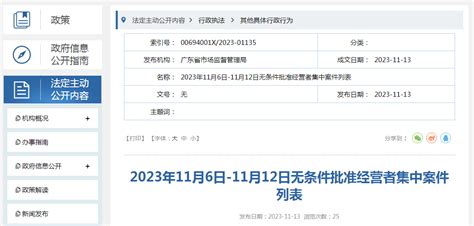 2023年11月6日 11月12日无条件批准经营者集中案件列表 中国质量新闻网