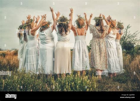 Women In Flower Wreath On Sunny Meadow Floral Crown Symbol Of Summer