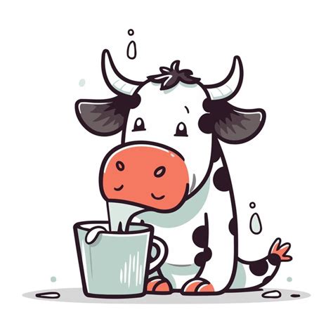 Premium Vector | Cute cow drinking milk from a mug vector cartoon illustration