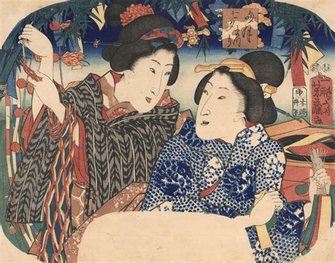 Yoshifuji Two Young Women Decorating For The Tanabata Festival — Art