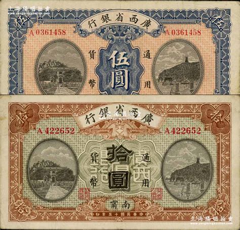 民国十五年（1926年）广西省银行伍圆、拾圆共2枚不同，南宁地名；奚峥云先生藏品，八至八五成新 奚峥云先生收藏中国各省地方银行纸币 拍卖结果