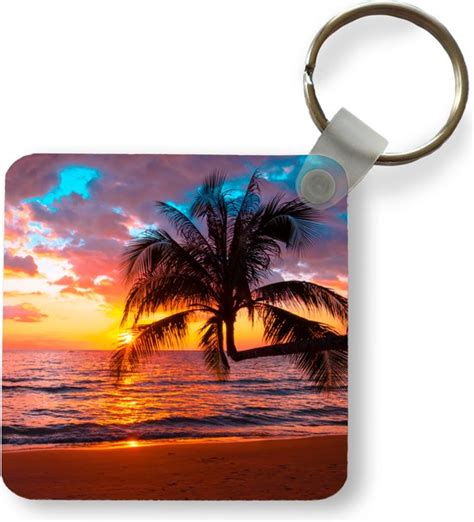 Sleutelhanger Uitdeelcadeautjes Palm Zonsondergang Strand Zee