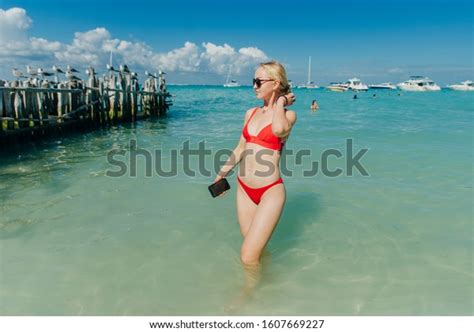 Beautiful Blonde Red Swimsuit On Beach Stock Photo Shutterstock