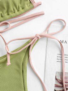 Zaful Ribbed Contrast Binding Floss Bikini Swimwear In Light Green