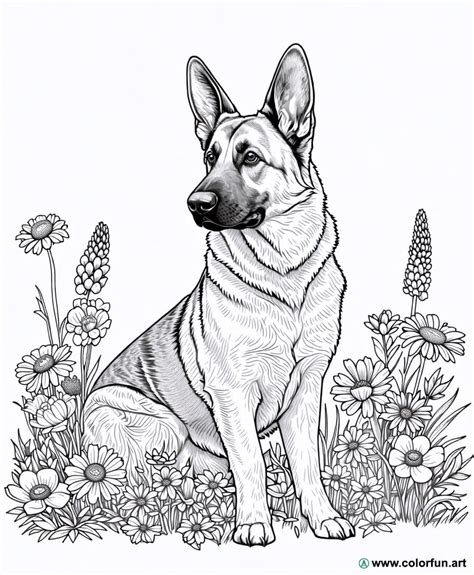 Coloriage d un berger allemand avec des fleurs à Télécharger ou à