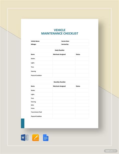 Vehicle Maintenance Checklist Template in Google Docs, Word, Pages ...