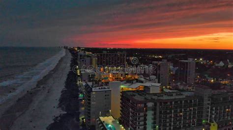 Aerial View Of Myrtle Beach Skyline During Sunset From Drone Point Of View South Carolina Stock