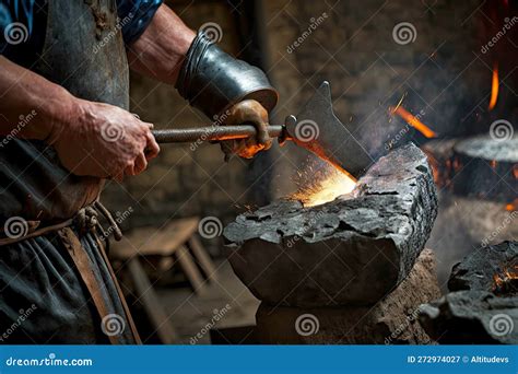 Hands Of Blacksmith Who Processes Metal Product With Hammer On Anvil