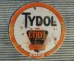 Original Tydol Ethyl Porcelain Double Sided Sign Metal Vintage Gas