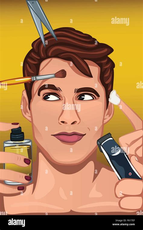 Una Ilustración Vectorial Del Hombre Aplicando Diversos Productos De Belleza Para Cara Imagen