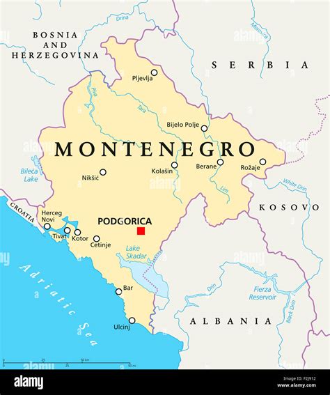 Montenegro Mappa Politico Con Capitale Podgorica Confini Nazionali