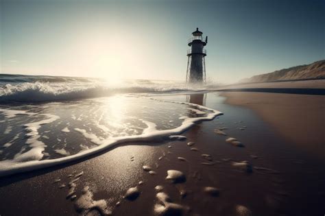 Premium Ai Image Sea Beach Sand Lighthouse Generate Ai