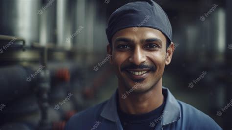 Premium Photo A Smiling Indian Male Factory Worker Standing In Oil