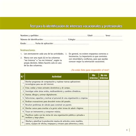 Test De Intereses Vocacionales Y Profesionales Elaborado Por Las