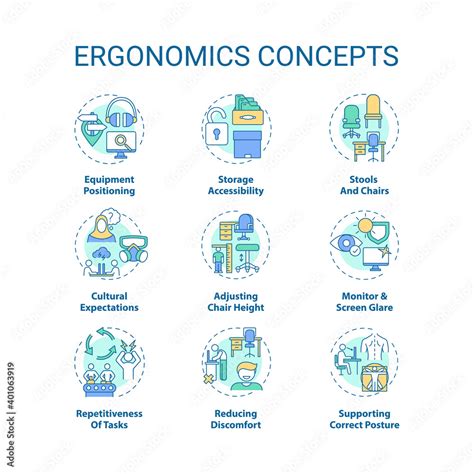 Ergonomics concept icons set. Safe and healthful workplace idea thin ...