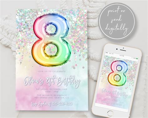 Editable 8th Birthday Invitation Template Rainbow Glitter Etsy