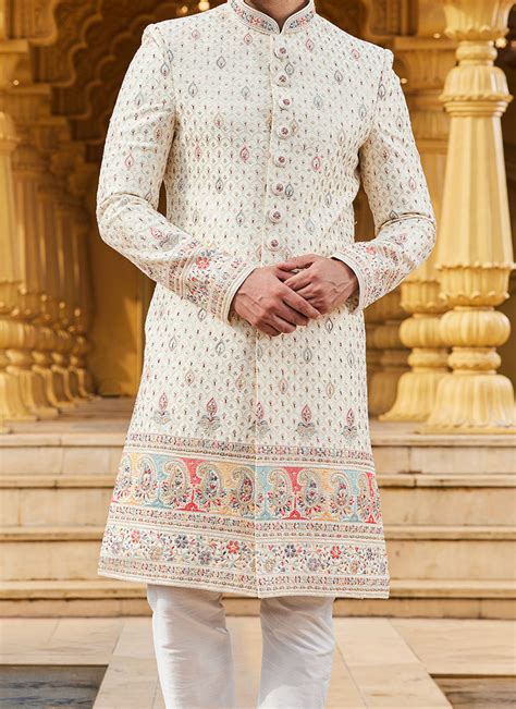 Shop Cream Art Silk Hand Embroidered Sherwani Wedding Wear Online At