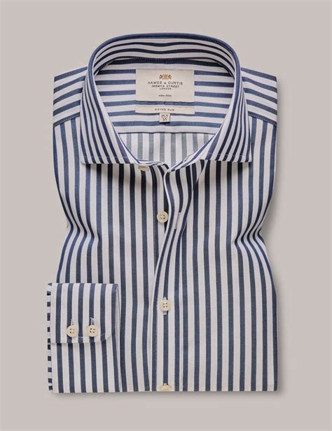 Mens Non Iron Navy And White Bold Stripe Fitted Slim Shirt Windsor