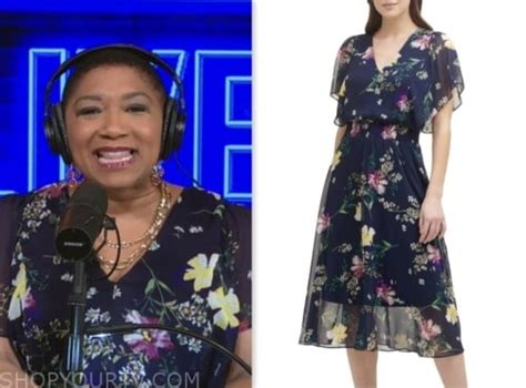 Live With Kelly And Mark July 2023 Deja Vus Navy Blue Floral Print Wrap Midi Dress Shop Your Tv