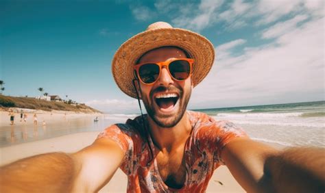 Premium Photo A Man Wearing A Hat And Sunglasses Is On A Beach