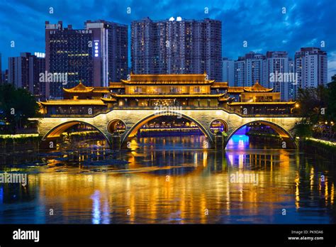 Famous Landmark Of Chengdue Anshun Bridge Over Jin River Illuminated