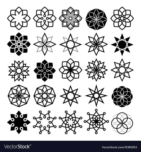 Geometric Flower And Stars Collection Lineart Vector Image