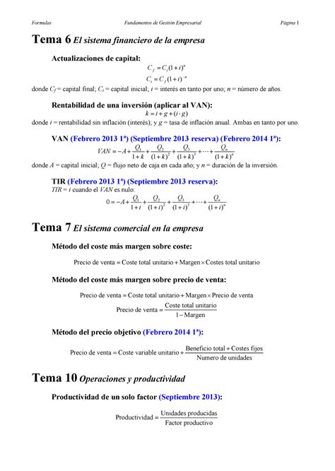 Formulario Gestion De Empresas Formulas Fundamentos De Gesti N