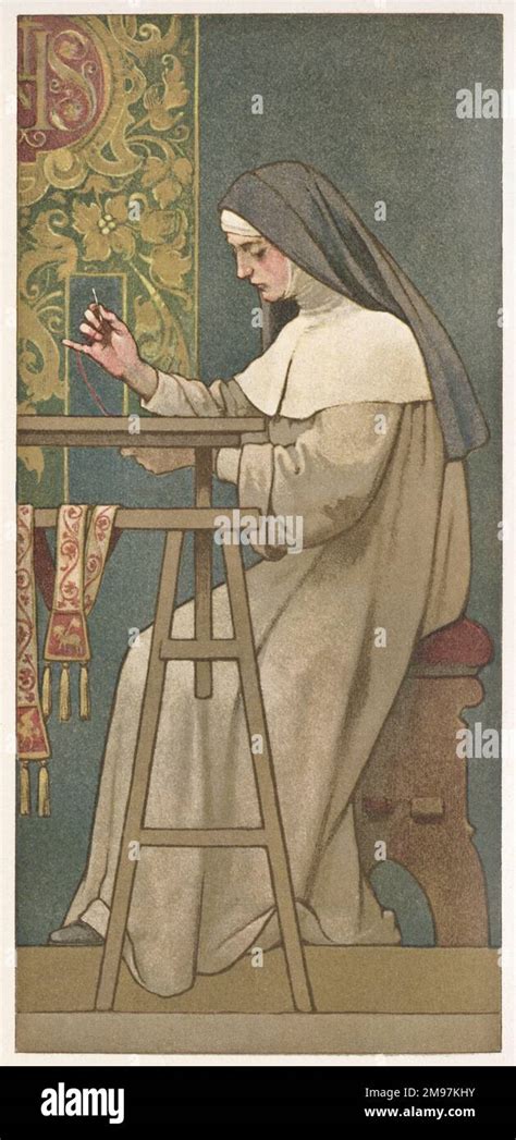 Collectors Card Nun Working On A Tapestry Stock Photo Alamy