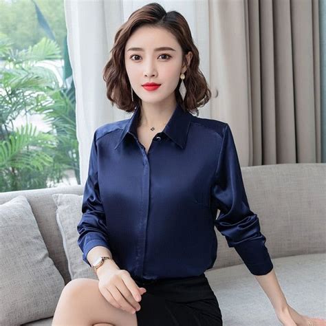 Elegant Office Ladies Work Shirt Women Blouse Long Sleeve Lapel Hidden Buttons Bright Basic