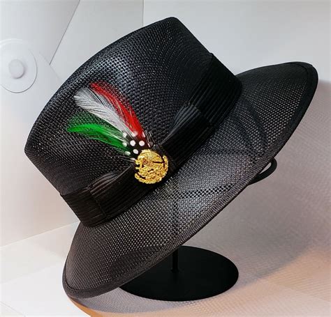 Mens Classic Viejo Black Hat Coat Of Arms Mexican Eagle Pin Rooster