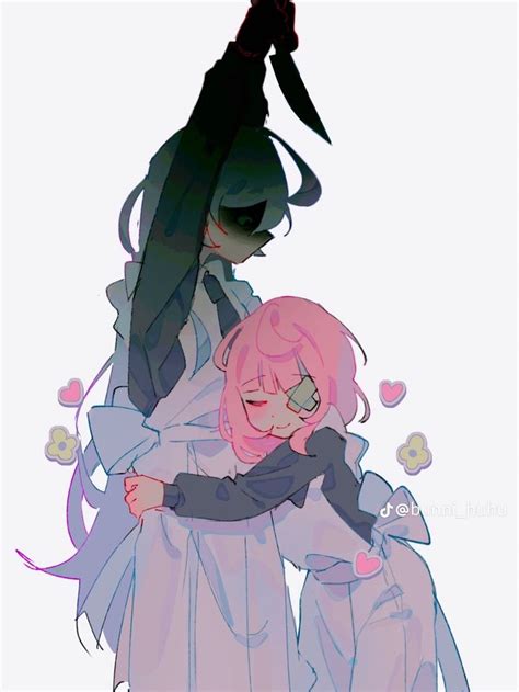 Two Anime Characters Hugging Each Other In Front Of A White Background With Pink And Black Hair