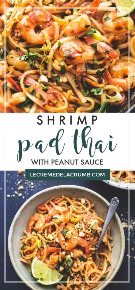 Shrimp Pad Thai Noodles With Peanut Sauce In A White Bowl On A Blue Background And Text Overlay