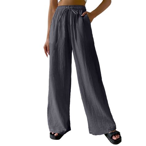 Hahahappy Womens Capri Linen Wide Leg Pants Summer Boho Wide Leg Pants Smocked High Rise Waist