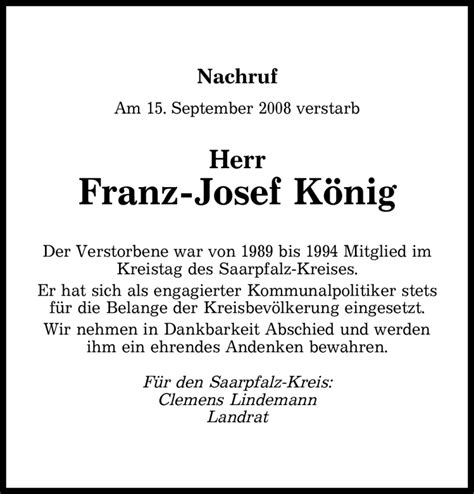 Traueranzeigen Von Franz Josef K Nig Saarbruecker Zeitung Trauer De