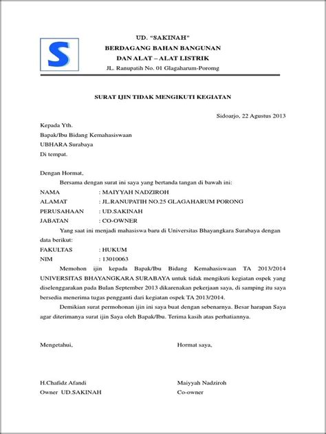 Contoh Surat Izin Tidak Ikut Ospek Dari Kantor Surat Izin Desain