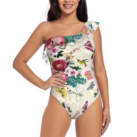 Easygdp Bird Butterfly Rose Womens One Shoulder Ruffle Monokini