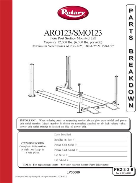 Rotary 2 Post Lift Parts Diagram