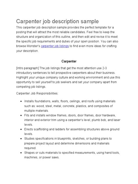 Carpenter Job Description Sample Pdf Carpentry Framing Construction