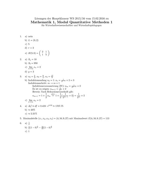 Mathe 1 Klausur WS1516 Loesung L Osungen Der Hauptklausur WS 2015 16