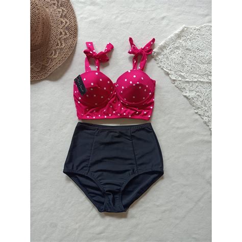 Jual Bk An Pink Fusiah Dot Putih Celana Hitam Bikini Foam With Wires Panties High Waist