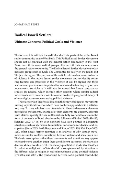 Pdf Radical Israeli Settlers Ultimate Concerns Political Goals And